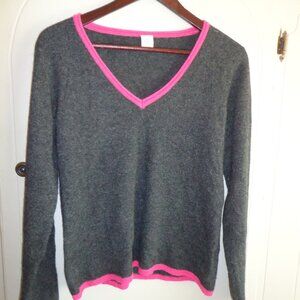 Qi Cashmere V-Neck Sweater M Charcoal/Hot Pink Long Sleeves Ribbed Hem/Cuffs